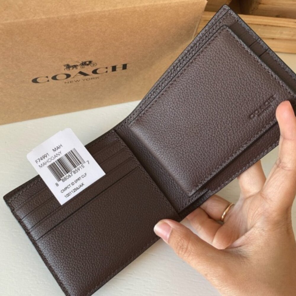Coach 3 in 1 Compact ID Wallet F74991 Mahogany Sport Calf Leather $178 - Picture 3 of 9